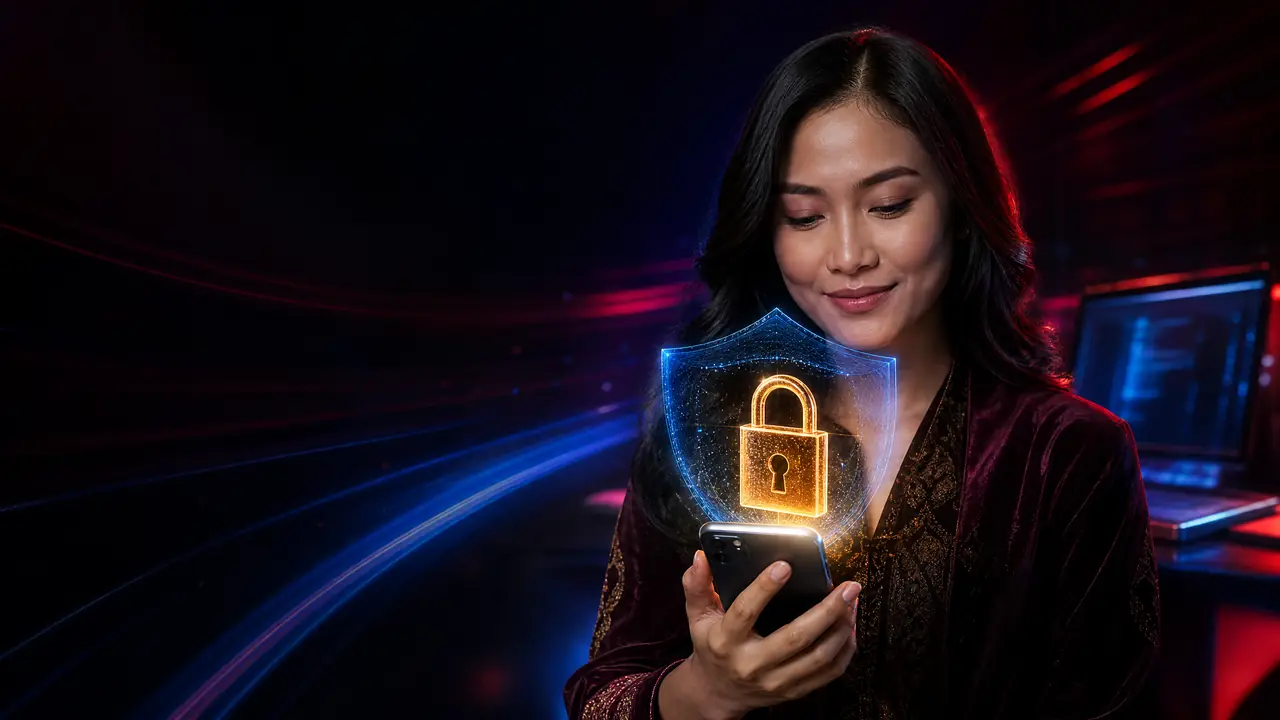 Wanita Indonesia memegang ponsel dengan perisai keamanan digital